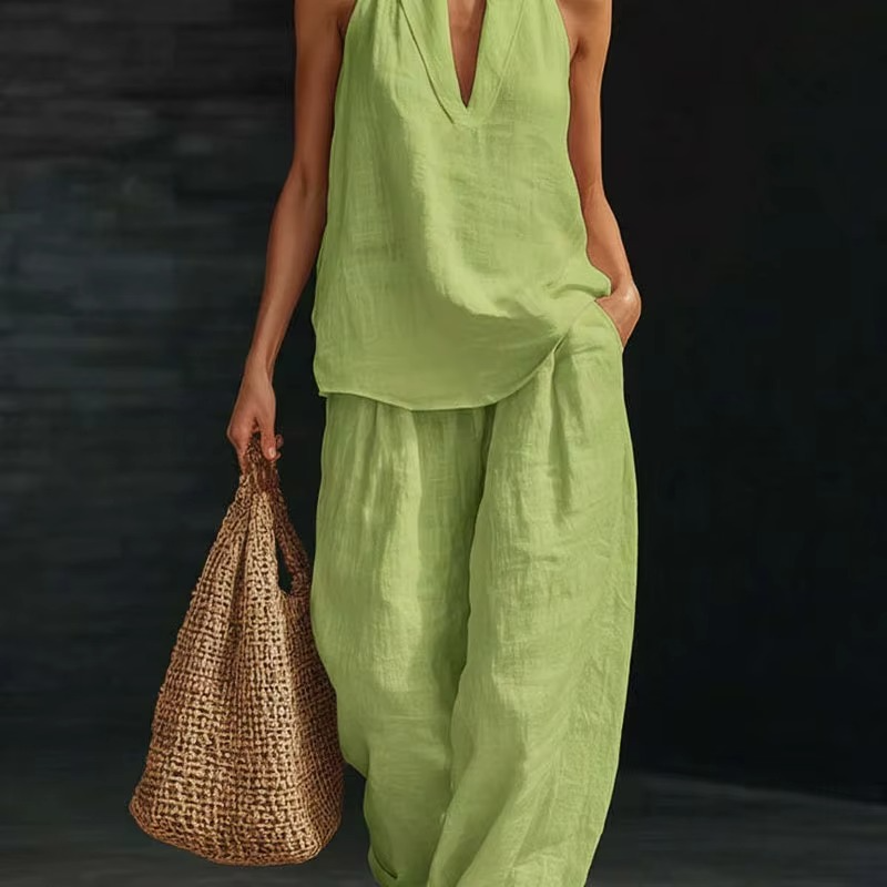 Elegant V-Neck Linen Set