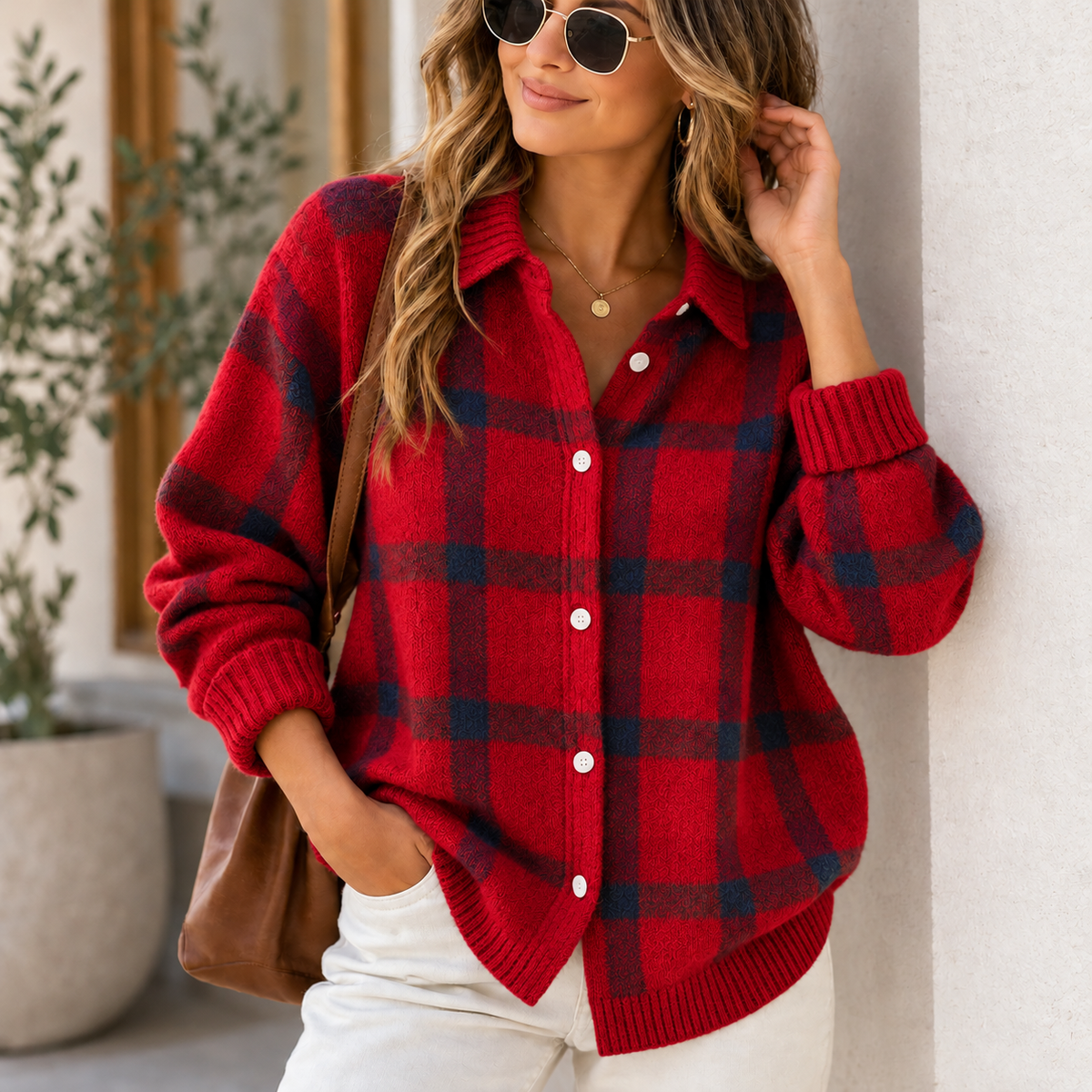 Women's Cozy Plaid Knit Cardigan