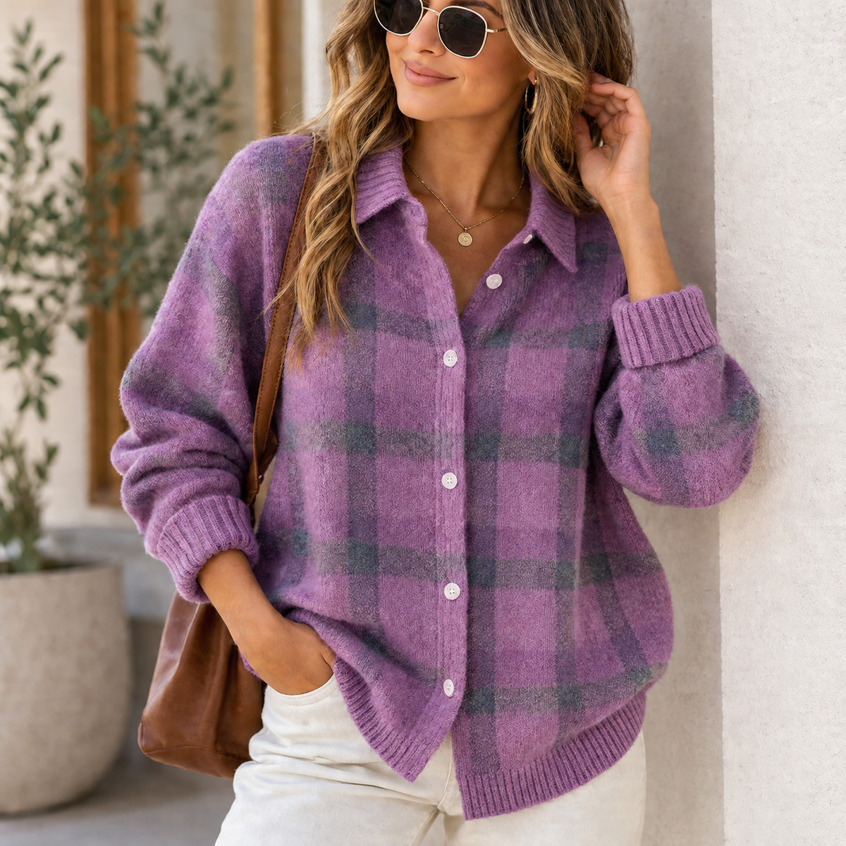 Women's Cozy Plaid Knit Cardigan
