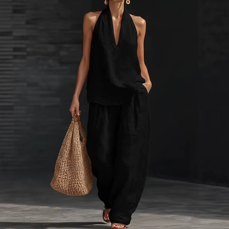 Elegant V-Neck Linen Set