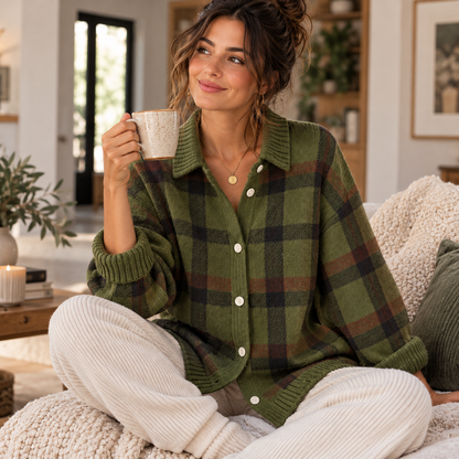 Women's Cozy Plaid Knit Cardigan