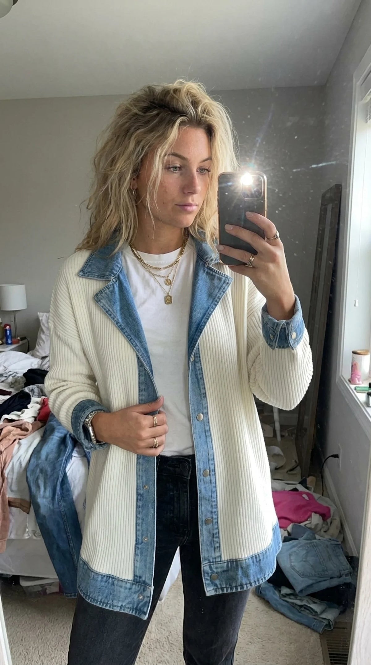 Vintage Denim-Trim Knit Jacket