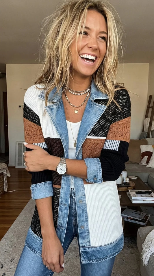 Vintage Denim-Trim Knit Jacket